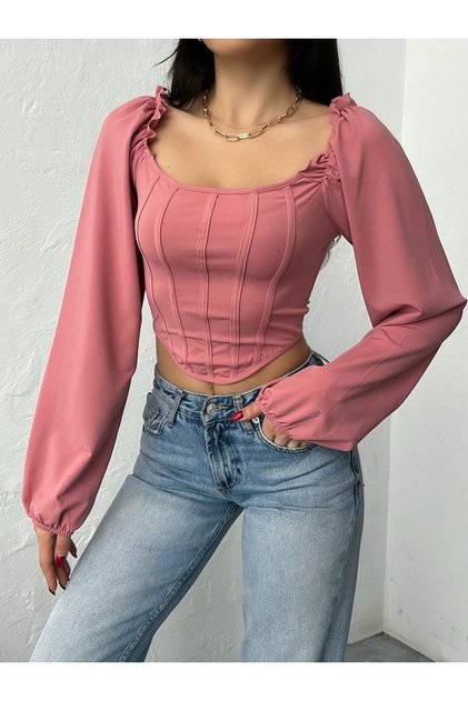 Women's Dusty Rose Square Neck Striped Long Balloon Sleeve Diver Fabric Crop Blouse