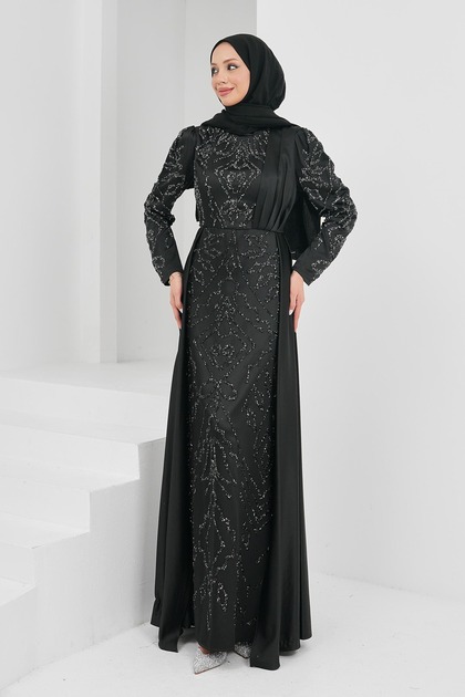 Black Satin Evening Dress with Stones on the Front