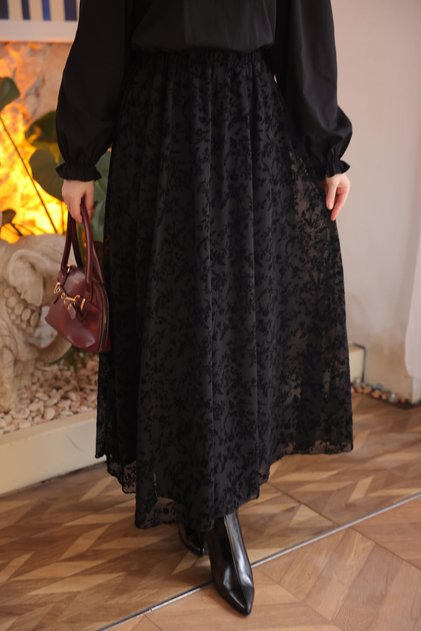 Black Flocked Printed Tulle Skirt with Elastic Waistband and Lining