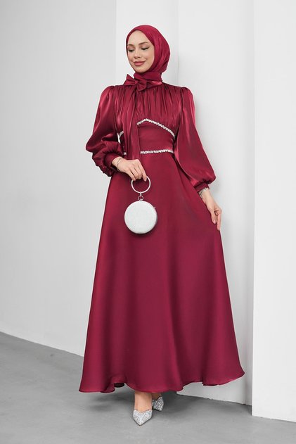 Burgundy Bow Collar, Stone Detailed Waist, Balloon Sleeve Evening Dress
