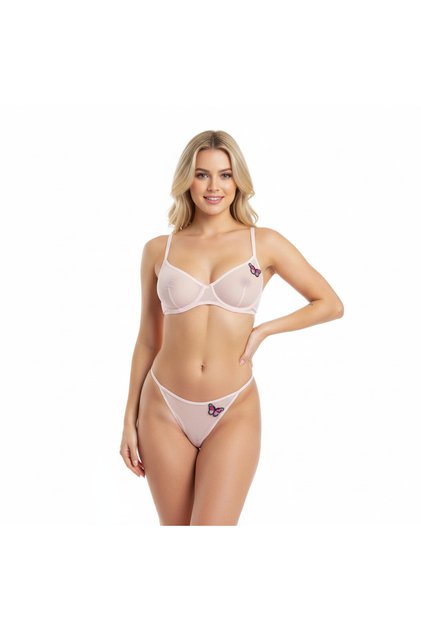 Kadın Kelebek Figürlü Tül Transparan Balenli Pembe Renk Sütyen ve String 2'li Takım BB2205