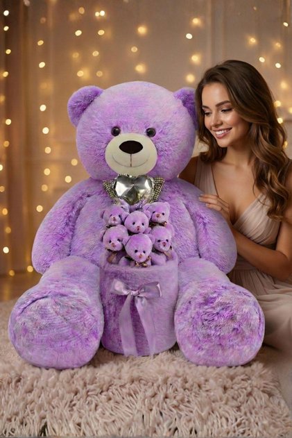 Sevgililer Günü’ne Özel: Premium Kalp Balonlu Deluxe Peluş Mor Ayıcık Buketi – Özel Kutulu Tasarım