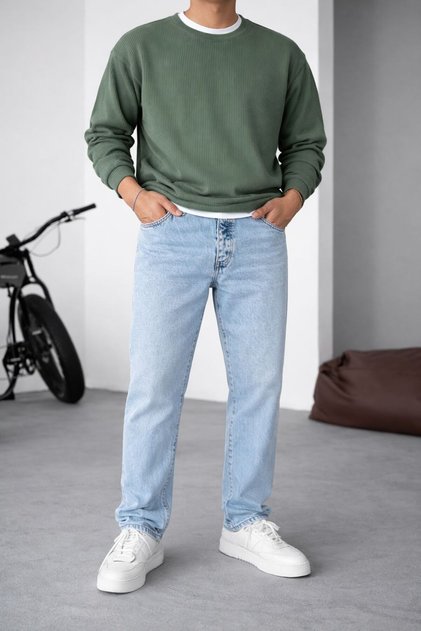 Men's Ice Blue Relaxed Fit Wide Leg Jeans