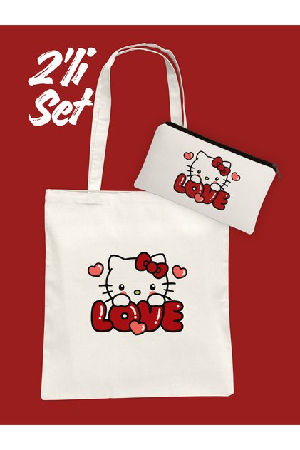 Hello Kitty Love Patterned Cloth Bag and Pen Holder Set