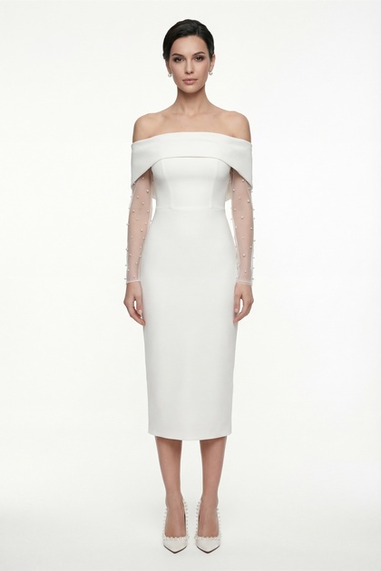 white pearl engagement dress White Red Pearl Embellished Belt Engagement Dress
