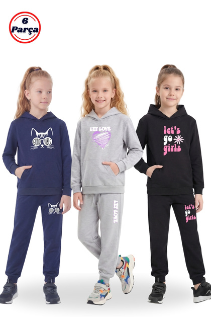3-Piece Hooded Kangaroo Pocket Printed Detailed 6-Piece Girls' Tracksuit Set