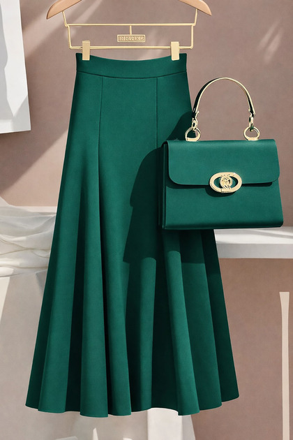 Emerald Green High-Waist A-Line Zippered Pleated Crepe Fabric Long Skirt