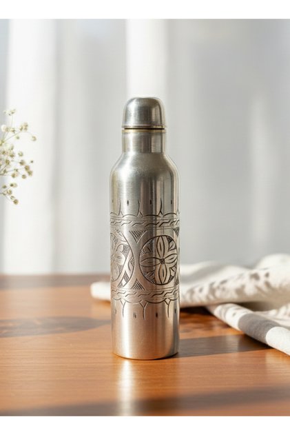 Modern Bakır El Oyma Gümüş Matara Termos - Suluk Bakır Su Şişesi 700 ml