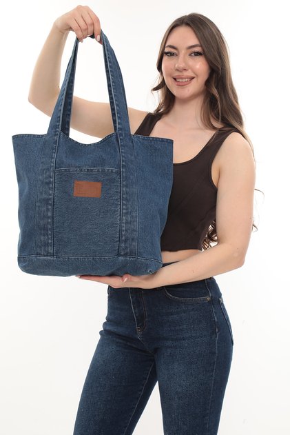Deri Etiketli Denim Tote Çanta - Ön Cepli, Astarlı & İç Cepli - 32x32x14 cm