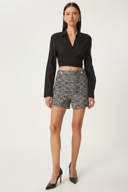 Button Detailed Mini Tweed Shorts Skirt Lze0013 Black White