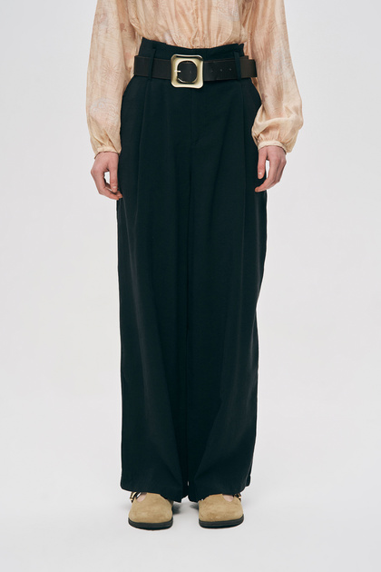 Women's High Waist Belted Solid Color Modal Trousers with Pleated Detail