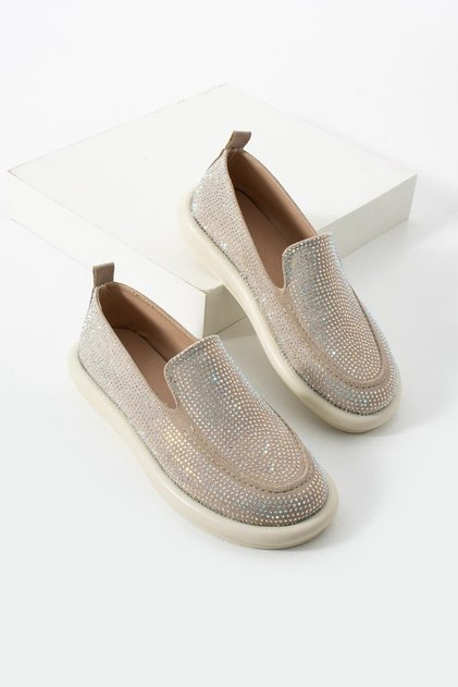 Women's Stone Loafer Shoes - Comfortable Sole with Crystal Stone Detail Casual Shoes Lars