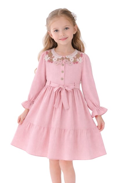Girls' Dress in Pink with Lace Detail Collar, Button Front, Belted Waist, Elastic Cuffs