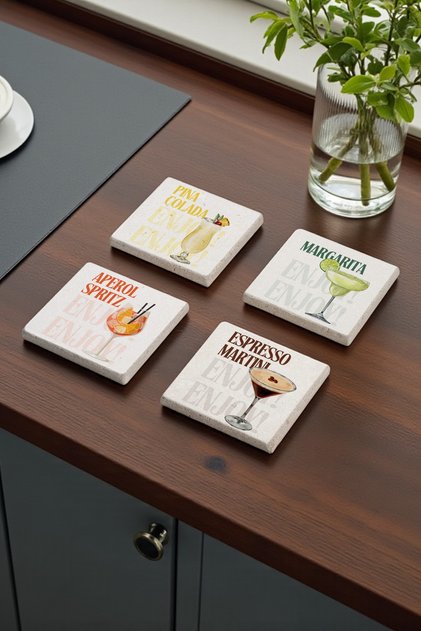 Enjoy Drink Themed Drinks Natural Stone Travertine Coasters Stone Coasters Set of 4