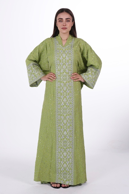 Women's wide embroidered linen jalabiya dress with a hidden belt