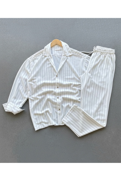 Men's Striped Shirt Pants Set Crepe Fabric Regular
