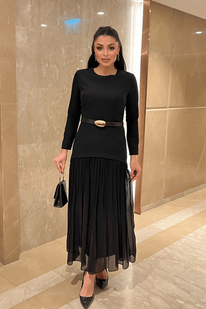 Rochie din țesătură Atlas și șifon - NEGRU