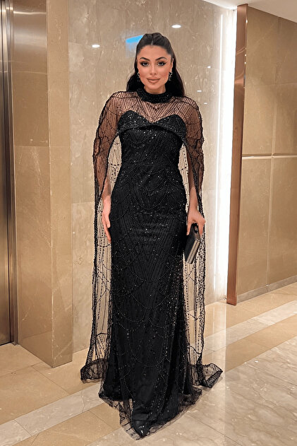 giyimmasal Full Beaded Fabric Cape Detailed Evening Dress - Black- Trendyol