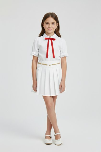 Girl's Red Bowknot White Lace Shirt White Pleated Skirt Set April 23 October 29