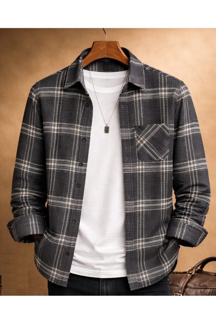 Honeycomb Pattern Thick Jacket-Look Single Pocket Detail Plaid Textured Knit Shirt