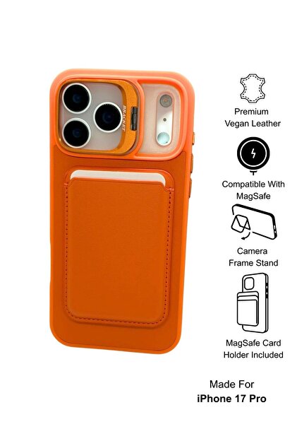 Paladyum Case iPhone 17 Pro Uyumlu Premium Turuncu Deri Magsafe