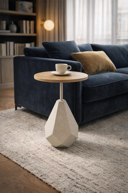 Modern Round Side Table Beige Geometric Base Wood Top 60cm Tall for Stylish Living Rooms