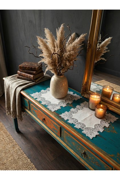 French Lace Violet Model Linen Zigon Nightstand Dresuar Cover (2 Pieces)