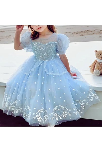 Kısa Kollu Mavi Elbise Prenses Karlar Kraliçesi Elsa Arendelle Ülkesi Frozen Kız Çocuk