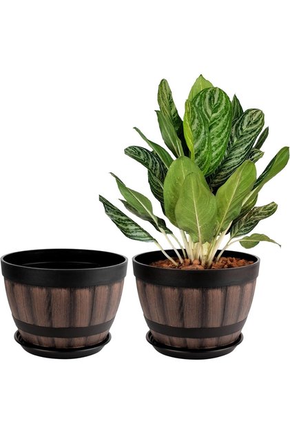 Set de 2 ghivece pentru flori, 22,5 x 16,3 cm, 5L, cu tavă de susținere, interior/exterior, plastic, maro/negru