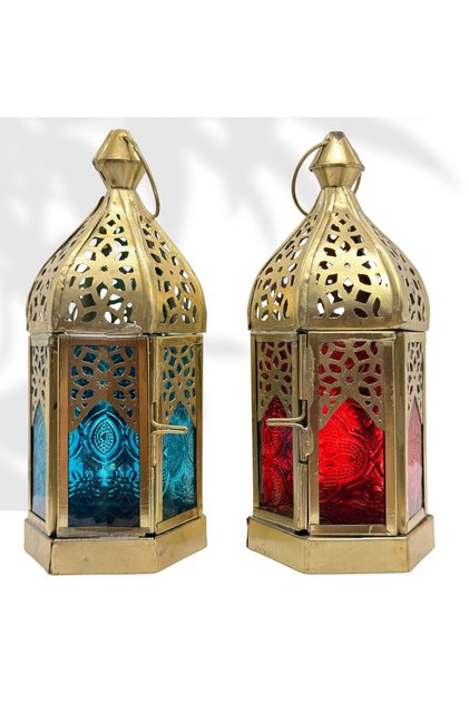 Moroccan Lanterns Set of 2 – Decorative Hanging & Table Lanterns for Ramadan, Eid, Christmas – Gold Metal with Red & Blue Glass, Candle Holder Moroccan Decor for Home, Living Room