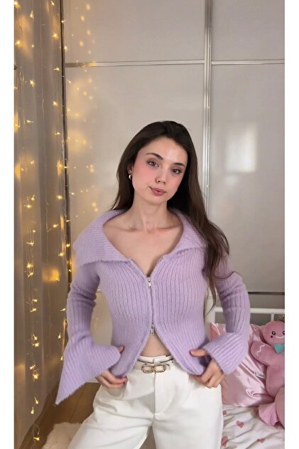 Lila Fermuarlı Triko