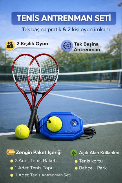 Çok Amaçlı Tenis Seti 2 Adet 21 inç Raket Top Çanta Tenis Antrenman Aparatı Antrenman Spor Eğlence K