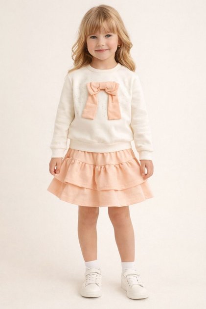 Stone Printed Skirted Girls' Set with Bow Detail