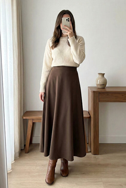Flared Scuba Puff Skirt - Brown - Coffee