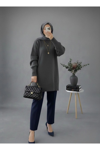 Women's Anthracite Crew Neck Oversize Knitwear Tunic Sweater