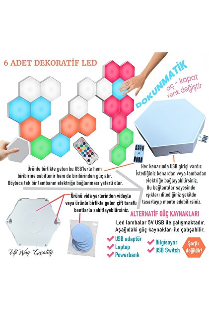 UpWay Dokunmatik Çok Renkli Kumandalı Dekoratif Altıgen 6'lı LED