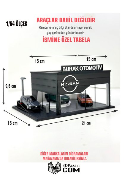 1/64 Ölçekli Nissan Diorama Tasarımlı Araç Sergileme Garajı 3D Baskı