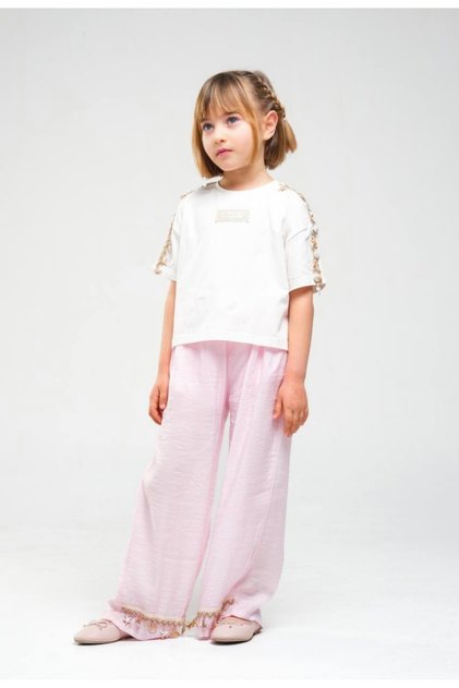 Li̇mi̇ Girl's Soft Textured Sea Shell Detailed Flexible T-Shirt and Loose Pants Set