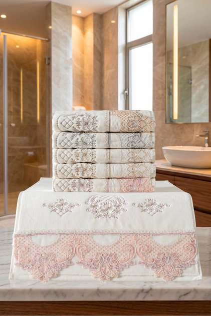 6-Piece Special Series Dowry Set with Lace and Embroidery, Wide Lace, 50X90 Cm, Luxurious Design, 100% Cotton Towel