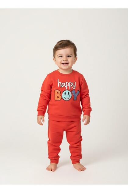 Happy Boy Printed Long Sleeve Sweatshirt Long Tracksuit Cotton Seasonal Baby Boy Set