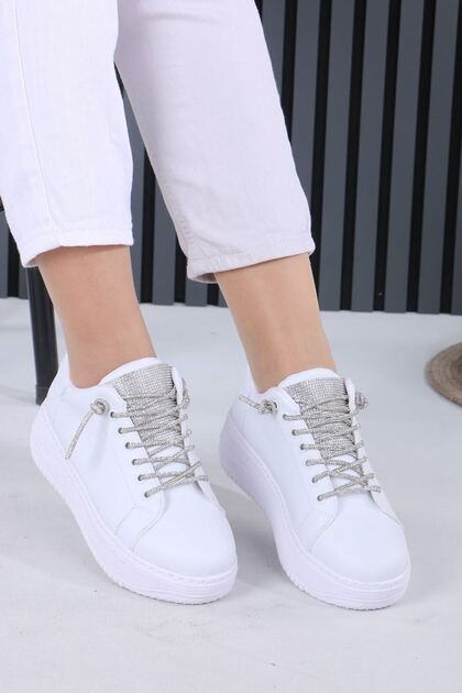 Lavera White Matte Leather Rhinestone Lace-Up Women's Sneakers