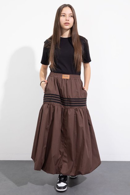 Brown Stripe Patterned Girl's Balloon Skirt 23558