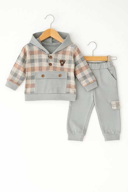 Hooded Plaid Detailed Baby Set