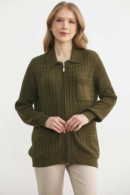 Polo Collar Zippered Cotton Knitwear Cardigan - Khaki