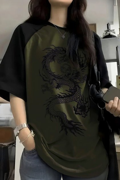 Green Raglan Chinese Mythology Dragon Printed Y2K Unisex T-Shirt
