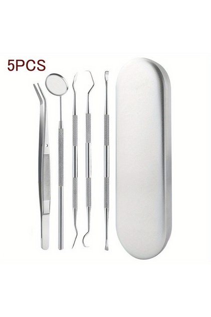 5pcs Tooth Cleaning Kit, Including Case, Tongue Scraper, Tweezers Scrapers Debris Removers,Toothpick