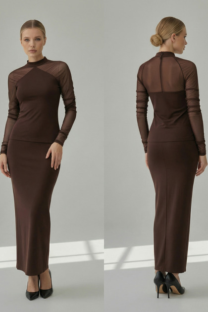 Women's High Neck Ribbed Blouse with Tulle Detail on the Sleeves