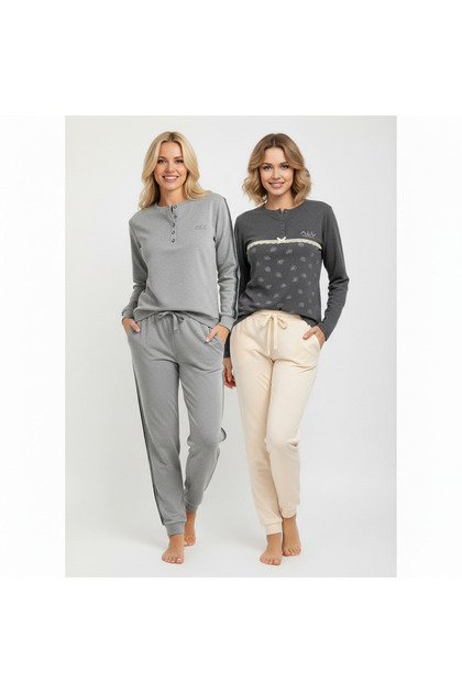 Women's Cotton Collared Buttoned Pocketed Gift Bundle and Dowry Set, 2 Pieces, 2-Piece Top and Bottom Pajama Set