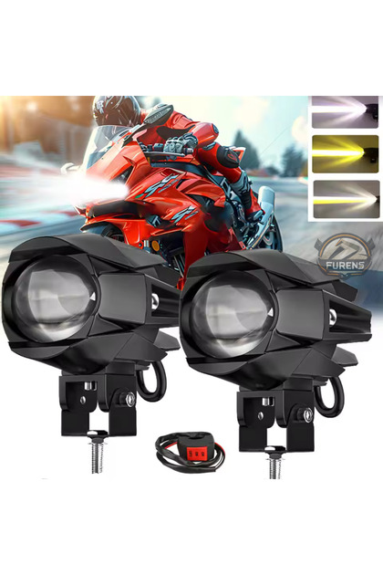 Motosiklet LED Lazer Sis Farı 2 Adet – Çift Renk Beyaz & Sarı 12-80V Modifiye Far
