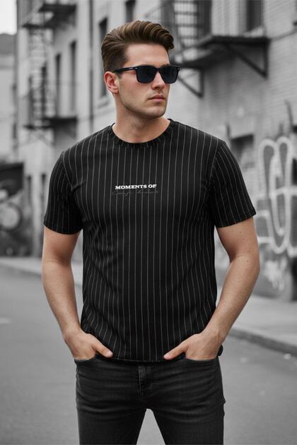 Oksit Moments Of Baskılı İnce Çizgili Premium Jakarlı Slim Fit